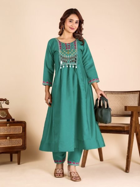 Impressive Green Roman Fabric Top Pant Set with Mirror Work for Festive Wear Anarkali Kurtis 