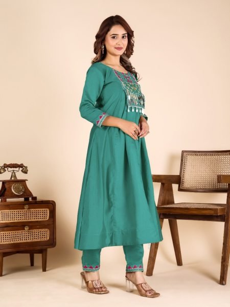 Impressive Green Roman Fabric Top Pant Set with Mirror Work for Festive Wear Anarkali Kurtis 