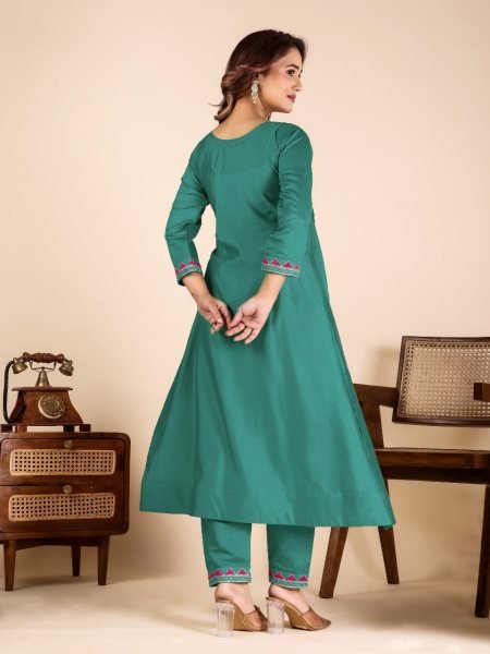 Impressive Green Roman Fabric Top Pant Set with Mirror Work for Festive Wear Anarkali Kurtis 