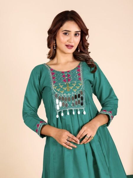 Impressive Green Roman Fabric Top Pant Set with Mirror Work for Festive Wear Anarkali Kurtis 