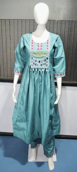 Impressive Green Roman Fabric Top Pant Set with Mirror Work for Festive Wear Anarkali Kurtis 