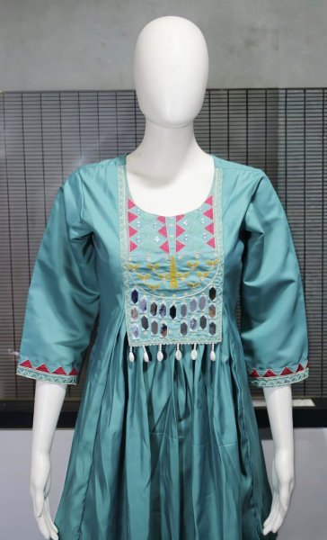 Impressive Green Roman Fabric Top Pant Set with Mirror Work for Festive Wear Anarkali Kurtis 