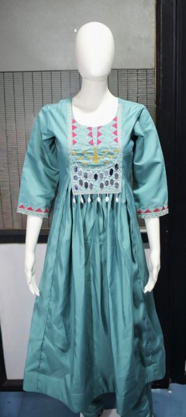 Impressive Green Roman Fabric Top Pant Set with Mirror Work for Festive Wear Anarkali Kurtis 