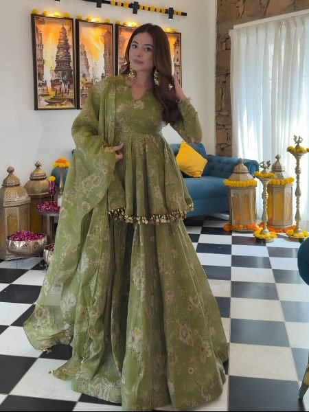 Impressive Green Soft Tabby Organza Top Plazo Dupatta Set with Floral Digital Print For Festival Kurtis