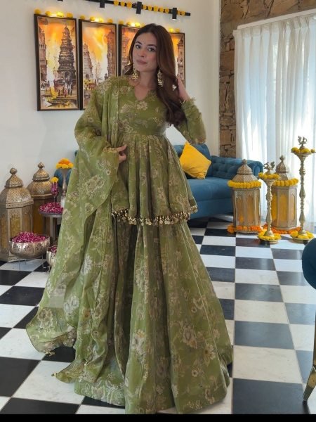 Impressive Green Soft Tabby Organza Top Plazo Dupatta Set with Floral Digital Print For Festival 3 Piece Kurti Set