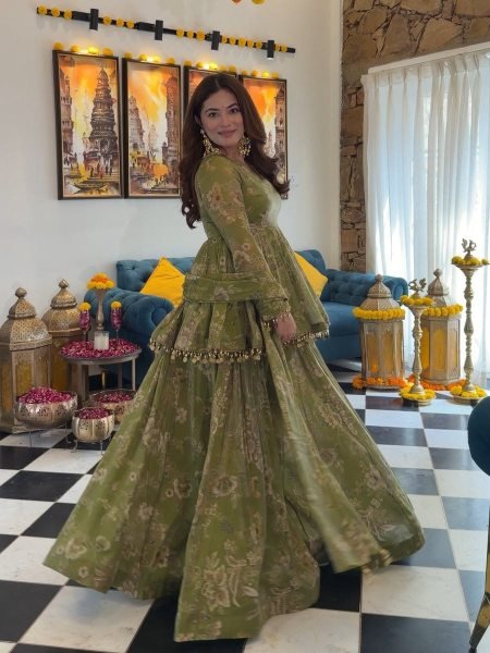 Impressive Green Soft Tabby Organza Top Plazo Dupatta Set with Floral Digital Print For Festival 3 Piece Kurti Set