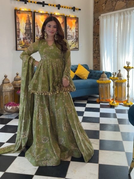 Impressive Green Soft Tabby Organza Top Plazo Dupatta Set with Floral Digital Print For Festival 3 Piece Kurti Set
