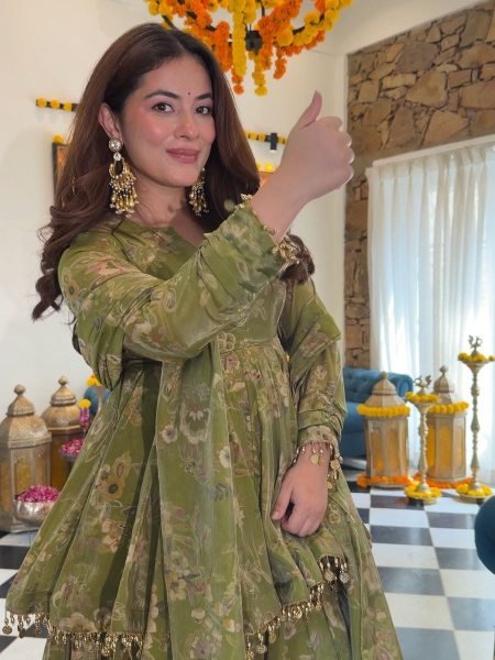 Impressive Green Soft Tabby Organza Top Plazo Dupatta Set with Floral Digital Print For Festival 3 Piece Kurti Set