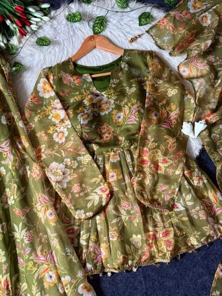 Impressive Green Soft Tabby Organza Top Plazo Dupatta Set with Floral Digital Print For Festival 3 Piece Kurti Set