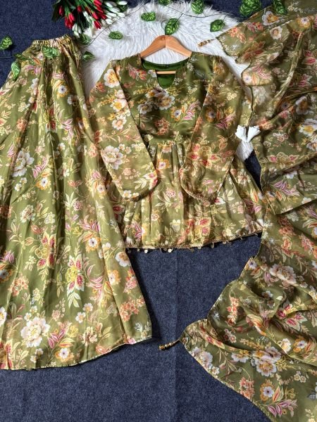 Impressive Green Soft Tabby Organza Top Plazo Dupatta Set with Floral Digital Print For Festival 3 Piece Kurti Set