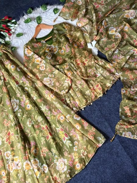 Impressive Green Soft Tabby Organza Top Plazo Dupatta Set with Floral Digital Print For Festival 3 Piece Kurti Set