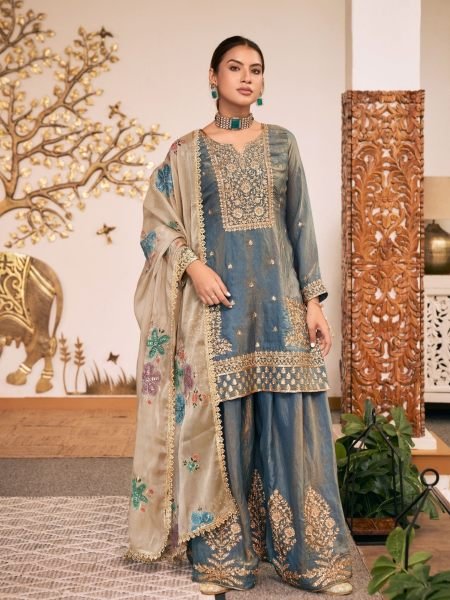 Impressive Grey Designer Heavy Fendy Silk Plazo Suit Set with Fancy Lace Dupatta 