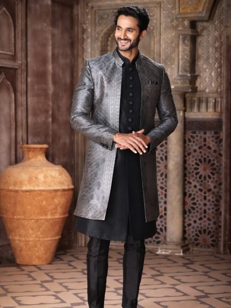 Impressive Grey Trendy Indo Western Dress for Men Ethnic Collection Mens Wear