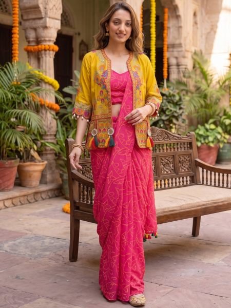 Impressive Hot Pink Ready to Wear Chinon Silk Saree with Mirror Work Koti Set at wholesale Rate 