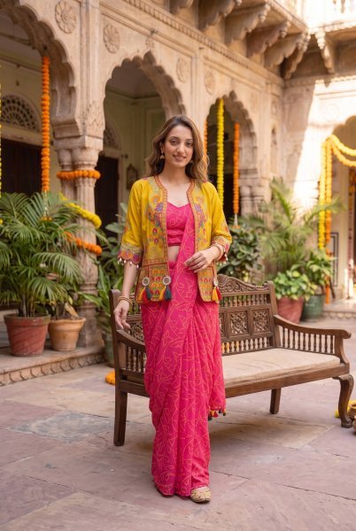 Impressive Hot Pink Ready to Wear Chinon Silk Saree with Mirror Work Koti Set at wholesale Rate Ready To Wear Saree 