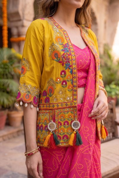 Impressive Hot Pink Ready to Wear Chinon Silk Saree with Mirror Work Koti Set at wholesale Rate Ready To Wear Saree 