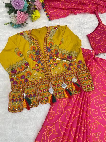 Impressive Hot Pink Ready to Wear Chinon Silk Saree with Mirror Work Koti Set at wholesale Rate Ready To Wear Saree 