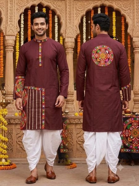 Impressive Maroon Men’s Traditional Gamthi Work Kurta Dhoti Set for Navratri 