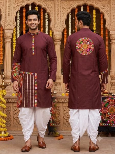 Impressive Maroon Men’s Traditional Gamthi Work Kurta Dhoti Set for Navratri Kurta Pajama Wholesale