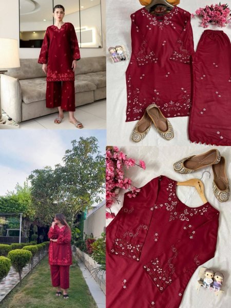 Impressive Maroon Thread Embroidery Kurti Plazzo Cord Set Wholesale Offer Embroidery Kurtis 