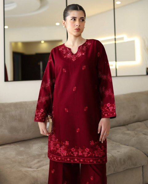 Impressive Maroon Thread Embroidery Kurti Plazzo Cord Set Wholesale Offer Embroidery Kurtis 