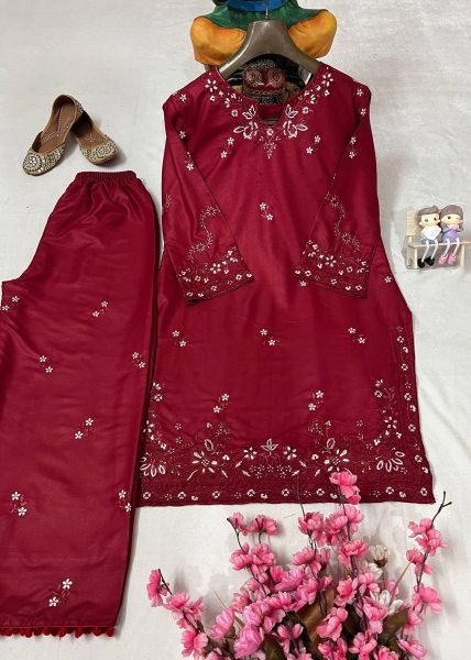 Impressive Maroon Thread Embroidery Kurti Plazzo Cord Set Wholesale Offer Embroidery Kurtis 
