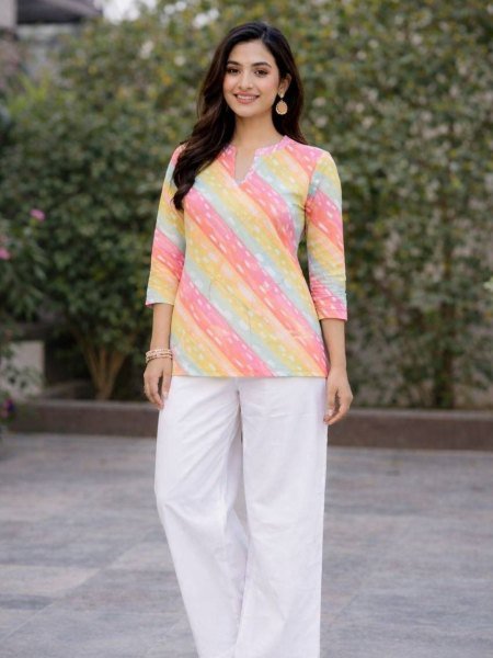 Impressive Multicolor Striped Rayon Slub Top with White Wide-Leg Palazzo Set  Kurtis