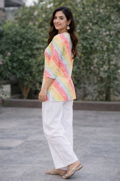 Impressive Multicolor Striped Rayon Slub Top with White Wide-Leg Palazzo Set  CO ORD Sets