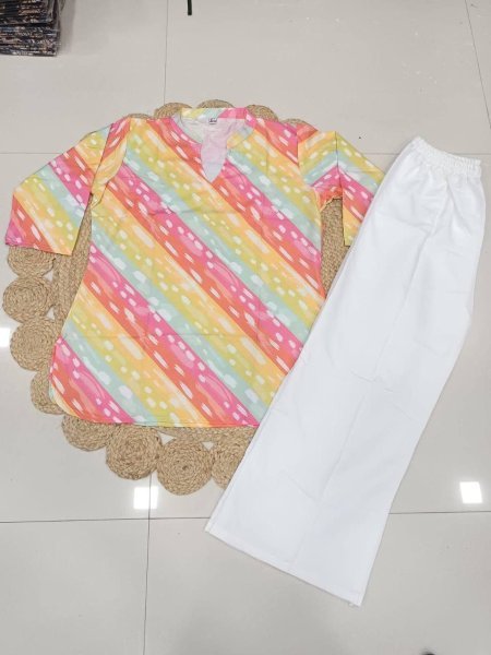 Impressive Multicolor Striped Rayon Slub Top with White Wide-Leg Palazzo Set  CO ORD Sets