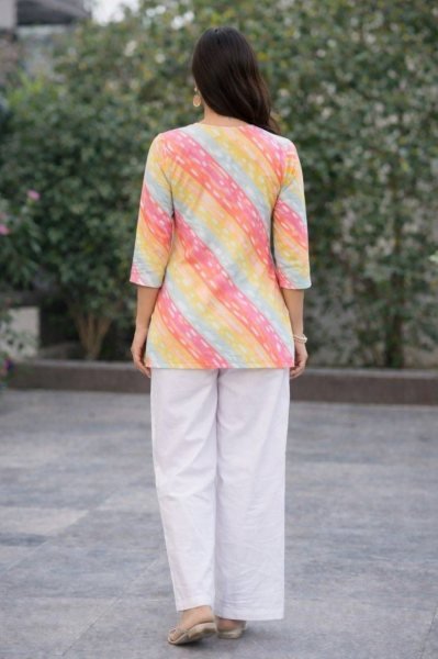 Impressive Multicolor Striped Rayon Slub Top with White Wide-Leg Palazzo Set  CO ORD Sets