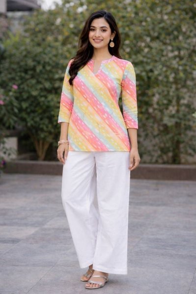Impressive Multicolor Striped Rayon Slub Top with White Wide-Leg Palazzo Set  CO ORD Sets