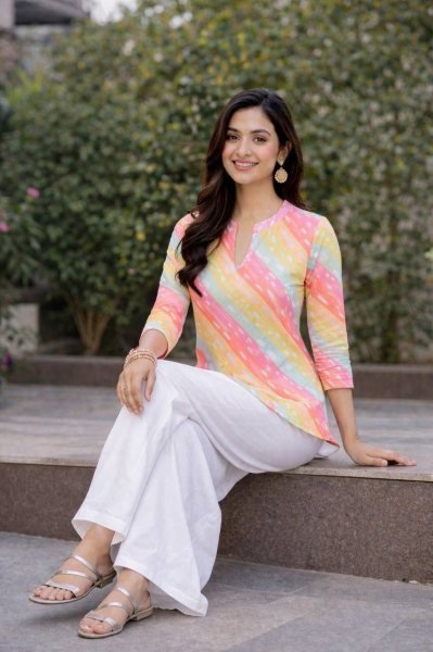 Impressive Multicolor Striped Rayon Slub Top with White Wide-Leg Palazzo Set  CO ORD Sets