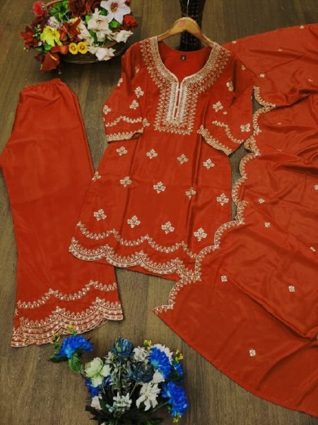 Impressive Natural Crepe Sequence Embroidered Suit Set for Function Wear Ready To Wear Collection