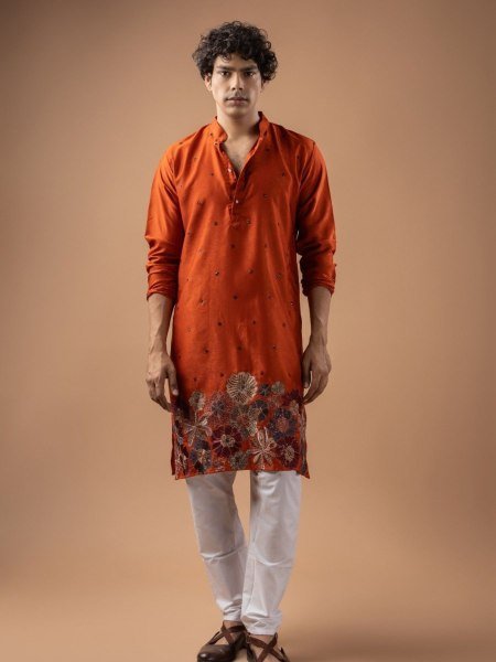 Impressive Orange Festive Kurta with Designer Weaved Work and Cotton Salwar Bottom Mens Wear