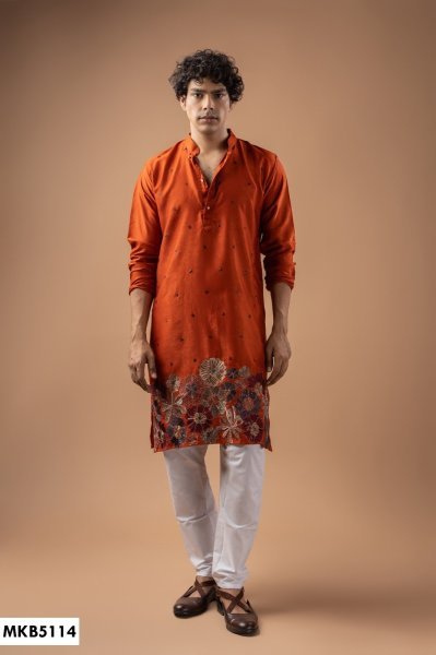 Impressive Orange Festive Kurta with Designer Weaved Work and Cotton Salwar Bottom Kurta Pajama Wholesale