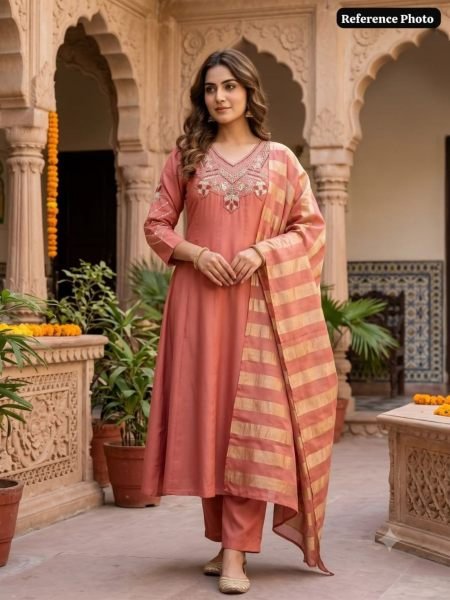 Impressive Peach Designer Mull Chanderi Suit with Beads Embroidery and Zari Dupatta Kurtis