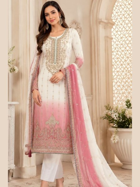Impressive Pink Crunchy Suit with Designer Embroidery for Celebrations 