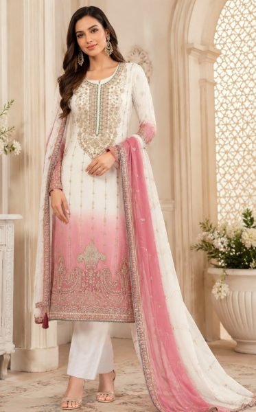 Impressive Pink Crunchy Suit with Designer Embroidery for Celebrations Churidar Salwar Suits Wholesale