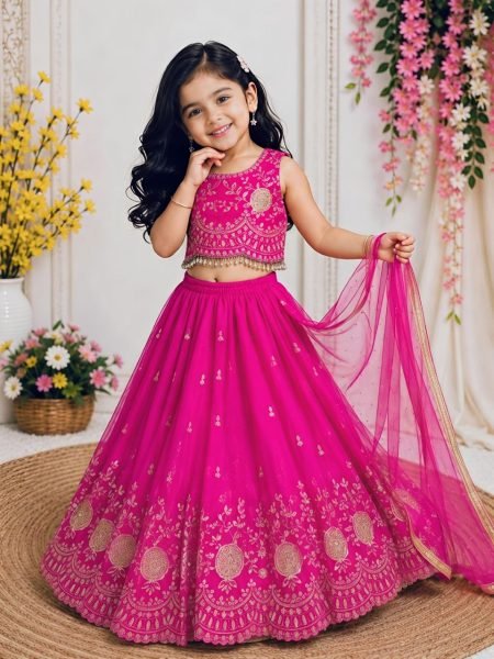 Impressive Pink Designer Sindur Silk Lehenga Set with Net Silk Dupatta At Wholesale Rate Girls Wear