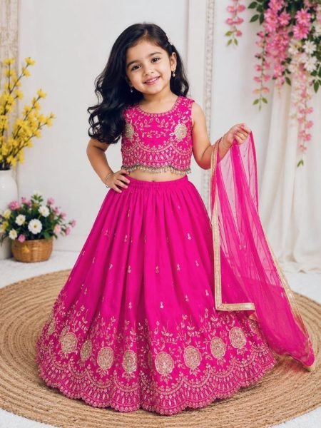 Impressive Pink Designer Sindur Silk Lehenga Set with Net Silk Dupatta At Wholesale Rate Girls Wear