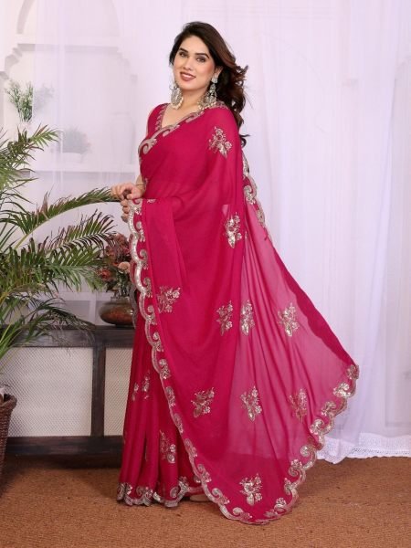 Impressive Pink Heavy Embroidery Sequence Work Saree With Unstitch Blouse Sarees 