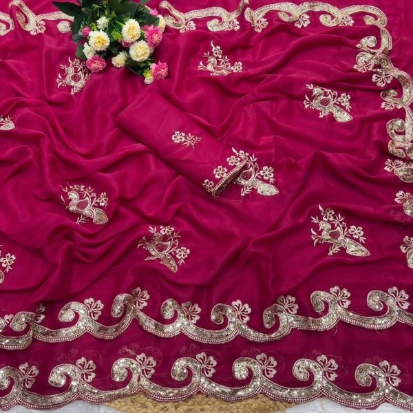 Impressive Pink Heavy Embroidery Sequence Work Saree With Unstitch Blouse Silk Sarees Wholesale