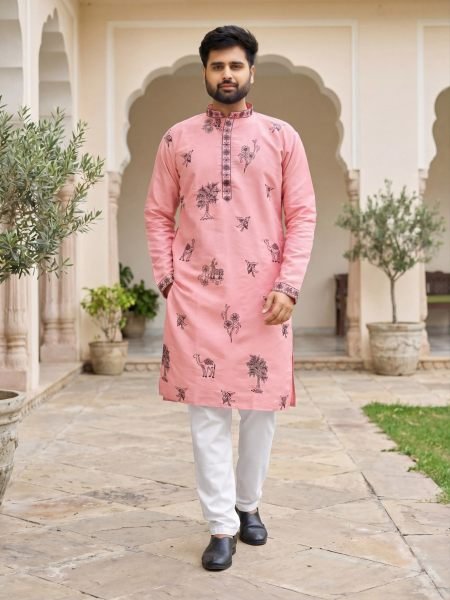 Impressive Pink Men Party Wear Roman Silk Kurta with Embroidery at Wholesale Rate 