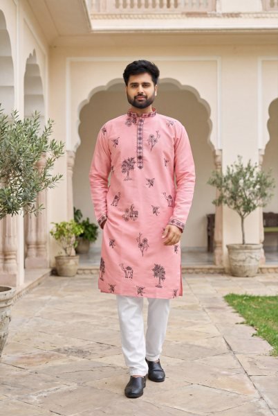 Impressive Pink Men Party Wear Roman Silk Kurta with Embroidery at Wholesale Rate Kurta Pajama Wholesale