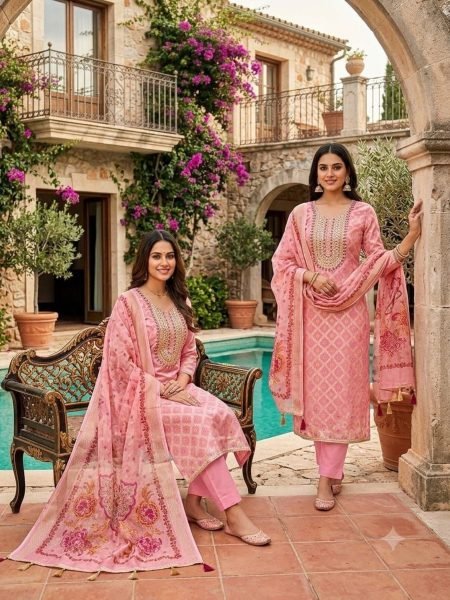 Impressive Pink Rajwadi Weaving Suit Fabric with Organza Silk Dupatta 