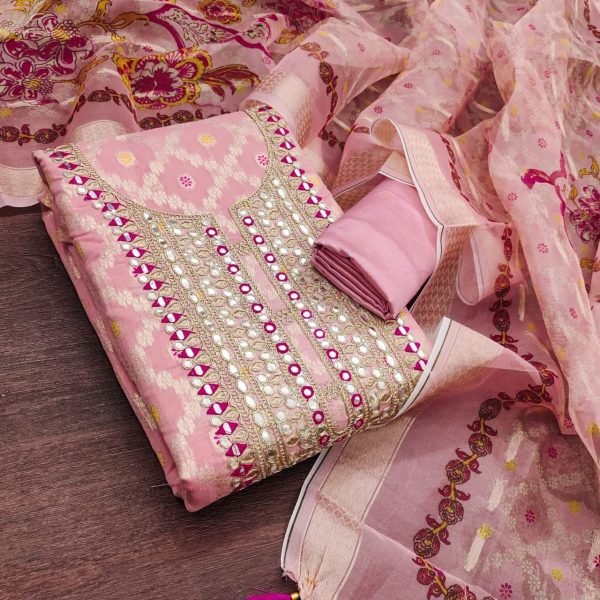 Impressive Pink Rajwadi Weaving Suit Fabric with Organza Silk Dupatta Color Set Matching Dress Material Wholesale
