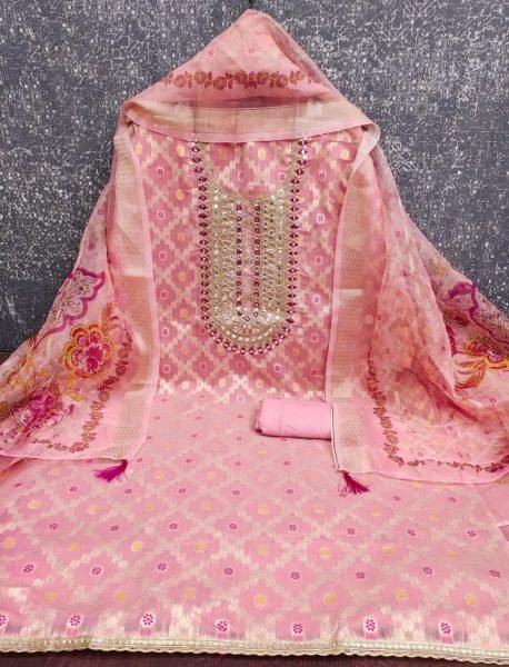 Impressive Pink Rajwadi Weaving Suit Fabric with Organza Silk Dupatta Color Set Matching Dress Material Wholesale