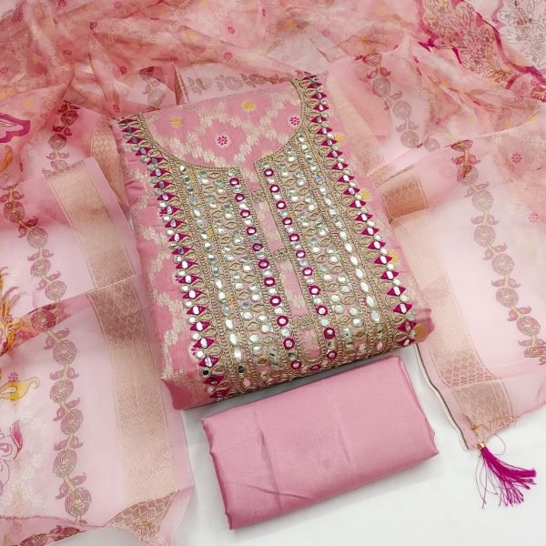 Impressive Pink Rajwadi Weaving Suit Fabric with Organza Silk Dupatta Color Set Matching Dress Material Wholesale