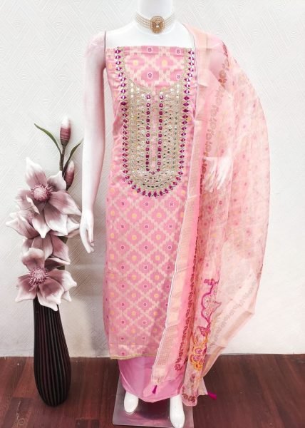Impressive Pink Rajwadi Weaving Suit Fabric with Organza Silk Dupatta Color Set Matching Dress Material Wholesale