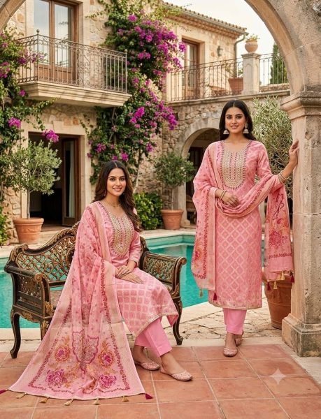 Impressive Pink Rajwadi Weaving Suit Fabric with Organza Silk Dupatta Color Set Matching Dress Material Wholesale